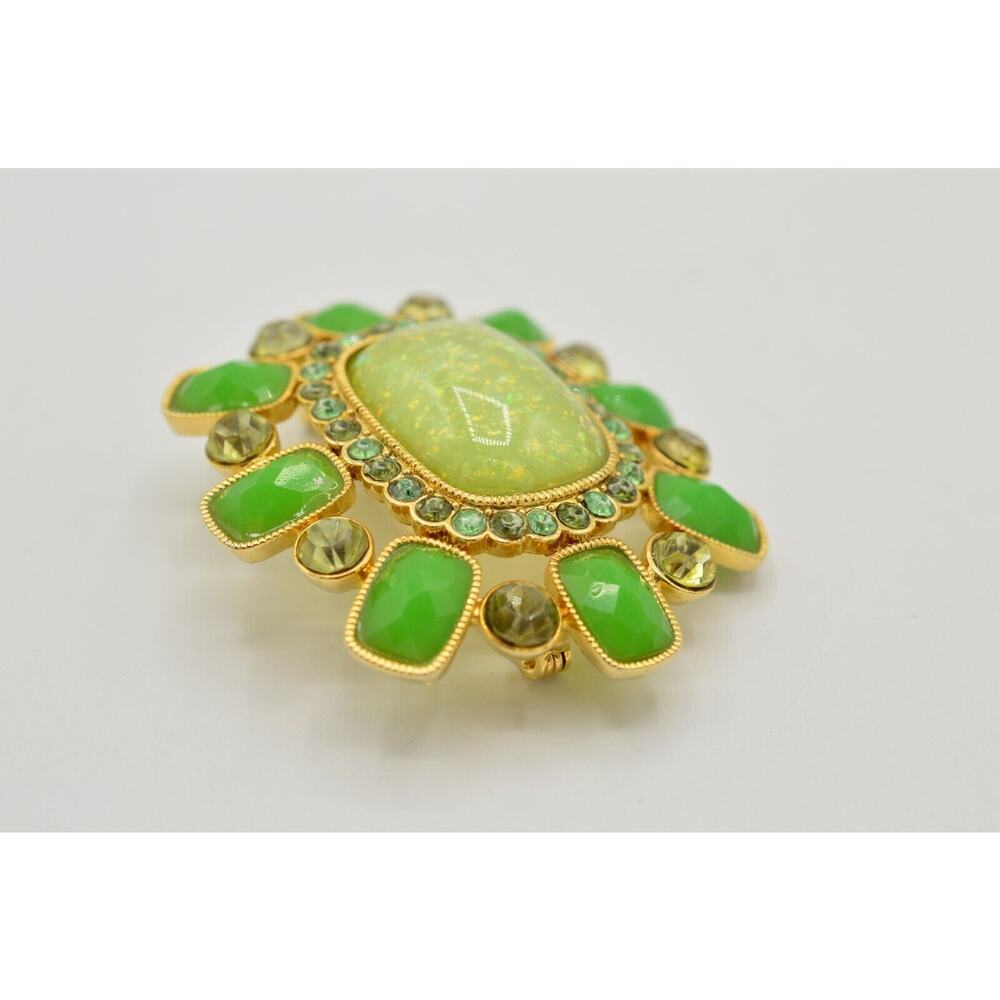 Statement Pin Brooch Multi-Tone Green Rhinestone Jeweled Opaline Gold Tone BinF - Picture 6 of 9